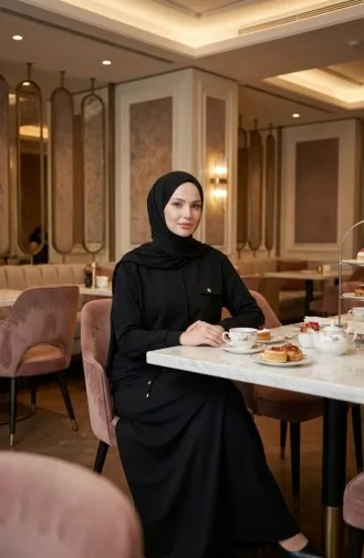 Zweiteiliges Hijab-Set Aus Baumwolle Mit Taschen 0238-06 Schwarz 0238-06