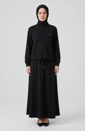Zweiteiliges Hijab-Set Aus Baumwolle Mit Taschen 0238-06 Schwarz 0238-06