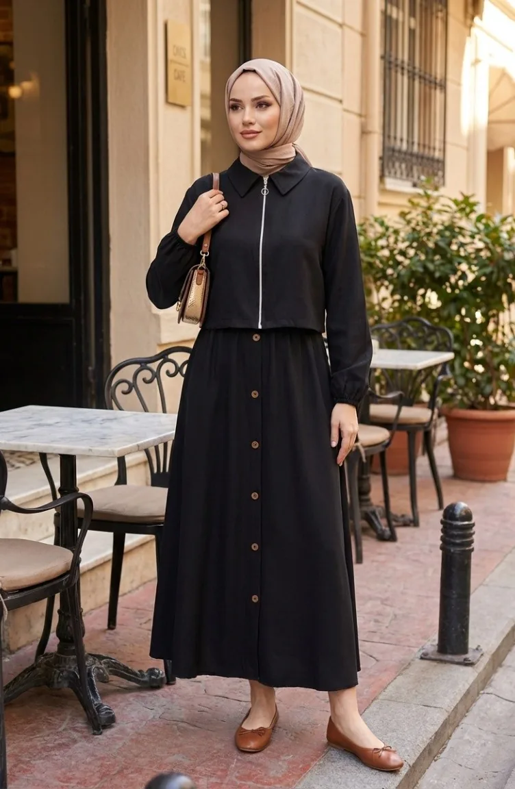 Ensemble Hijab Deux Pièces En Coton Avec Fermeture éclair 0239-01 Noir 0239-01