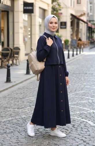 Zweiteiliges Hijab-Set Aus Baumwolle Mit Reißverschluss 0239-02 Marineblau 0239-02