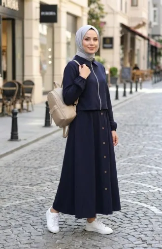 Zweiteiliges Hijab-Set Aus Baumwolle Mit Reißverschluss 0239-02 Marineblau 0239-02