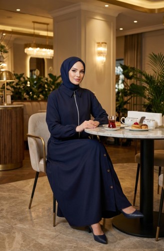Zweiteiliges Hijab-Set Aus Baumwolle Mit Reißverschluss 0239-02 Marineblau 0239-02