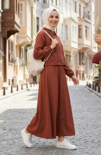 Cotton Two-Piece Hijab Set With Zipper 0239-03 Terracotta 0239-03