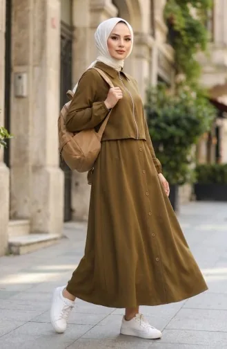 Cotton Two-Piece Hijab Set With Zipper 0239-04 Olive Green 0239-04
