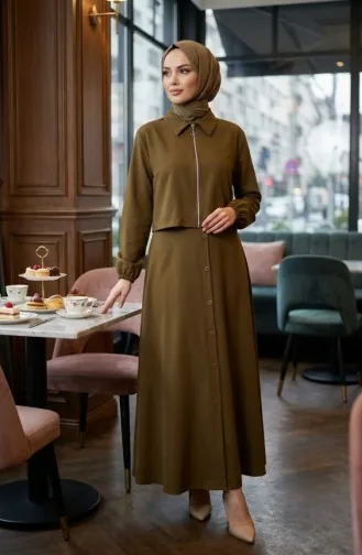 Cotton Two-Piece Hijab Set With Zipper 0239-04 Olive Green 0239-04