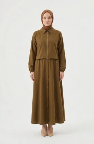 Cotton Two-Piece Hijab Set With Zipper 0239-04 Olive Green 0239-04