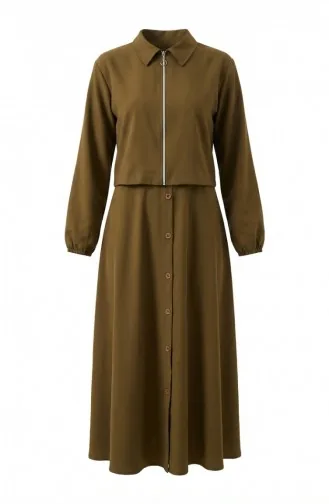 Cotton Two-Piece Hijab Set With Zipper 0239-04 Olive Green 0239-04