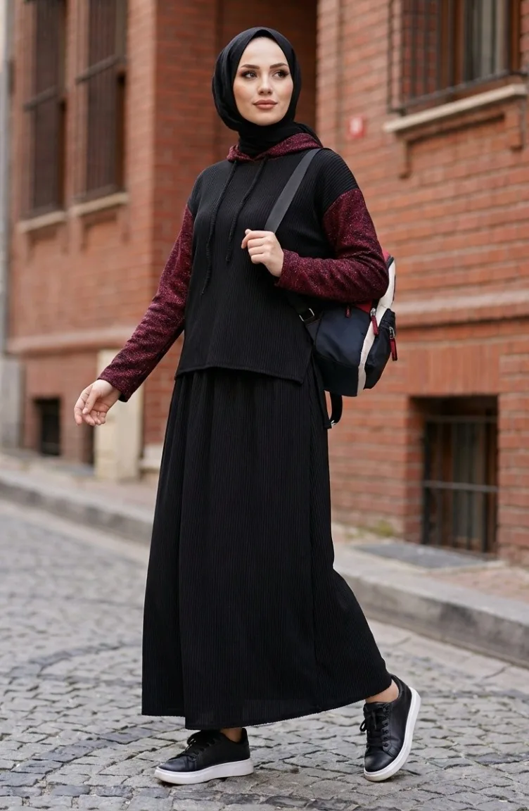 Ensemble Deux Pièces à Capuche Sim Detail 2221-03 Noir Bordeaux 2221-03