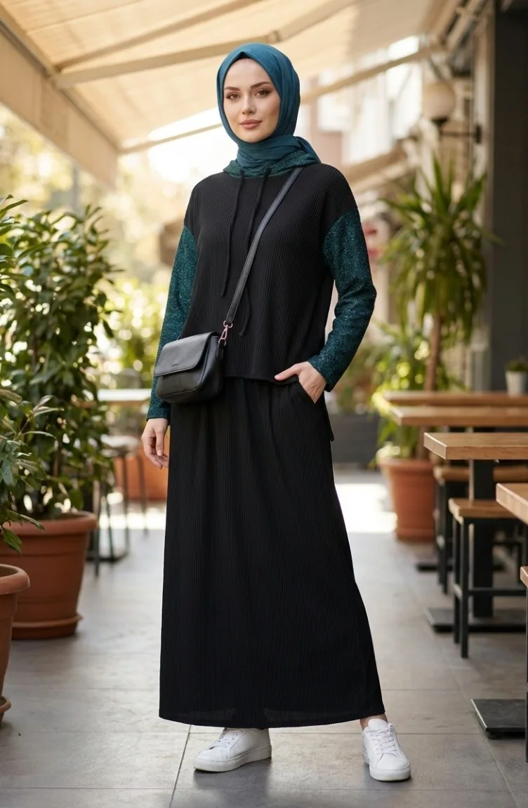 Sim Detail Hooded Two-Piece Set 2221-04 Black Petrol 2221-04