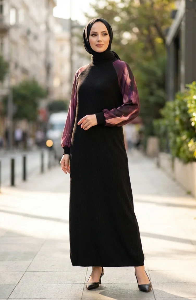 Verziertes Gemustertes Hijab-Kleid 2217-01 Schwarz Lila 2217-01