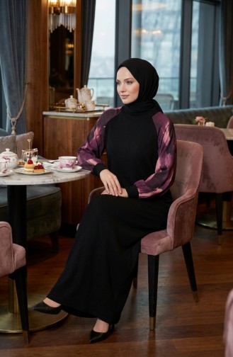 Embellished Patterned Hijab Dress 2217-01 Black Purple 2217-01