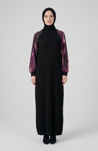 Embellished Patterned Hijab Dress 2217-01 Black Purple 2217-01