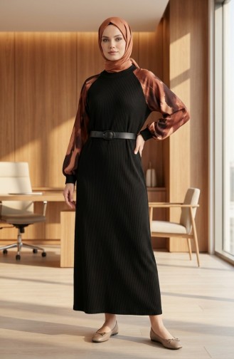 Embellished Patterned Hijab Dress 2217-02 Black Brown 2217-02