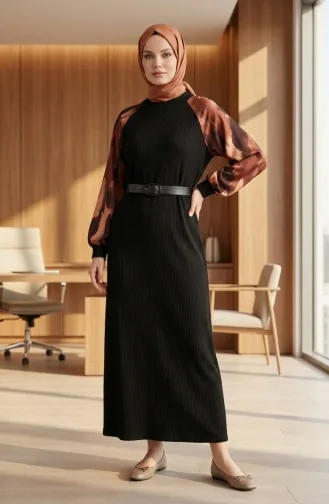 Verziertes Gemustertes Hijab-Kleid 2217-02 Schwarz Braun 2217-02