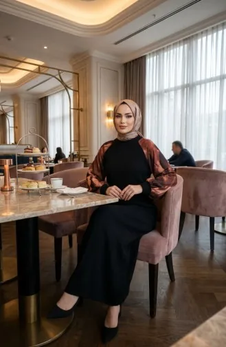 Verziertes Gemustertes Hijab-Kleid 2217-02 Schwarz Braun 2217-02