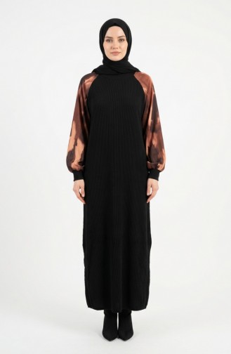 Embellished Patterned Hijab Dress 2217-02 Black Brown 2217-02