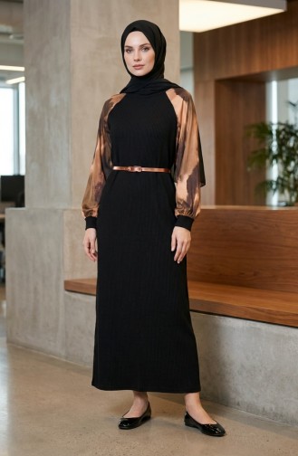 Versierde Hijabjurk Met Patroon 2217-03 Zwart Khaki 2217-03