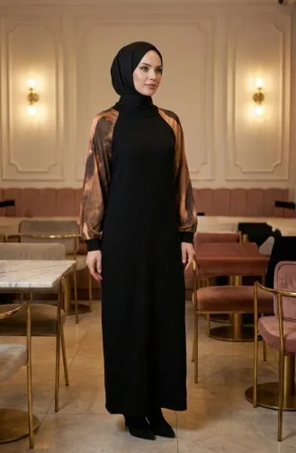 فستان حجاب مزخرف بنقوش 2217-03 أسود كاكي 2217-03