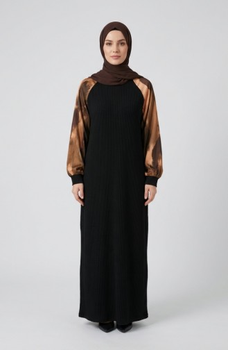 Versierde Hijabjurk Met Patroon 2217-03 Zwart Khaki 2217-03