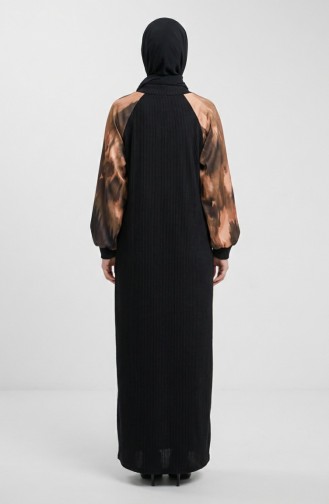 Versierde Hijabjurk Met Patroon 2217-03 Zwart Khaki 2217-03