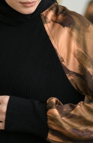 Versierde Hijabjurk Met Patroon 2217-03 Zwart Khaki 2217-03