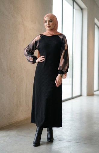 Embellished Patterned Hijab Dress 2217-04 Black Anthracite 2217-04