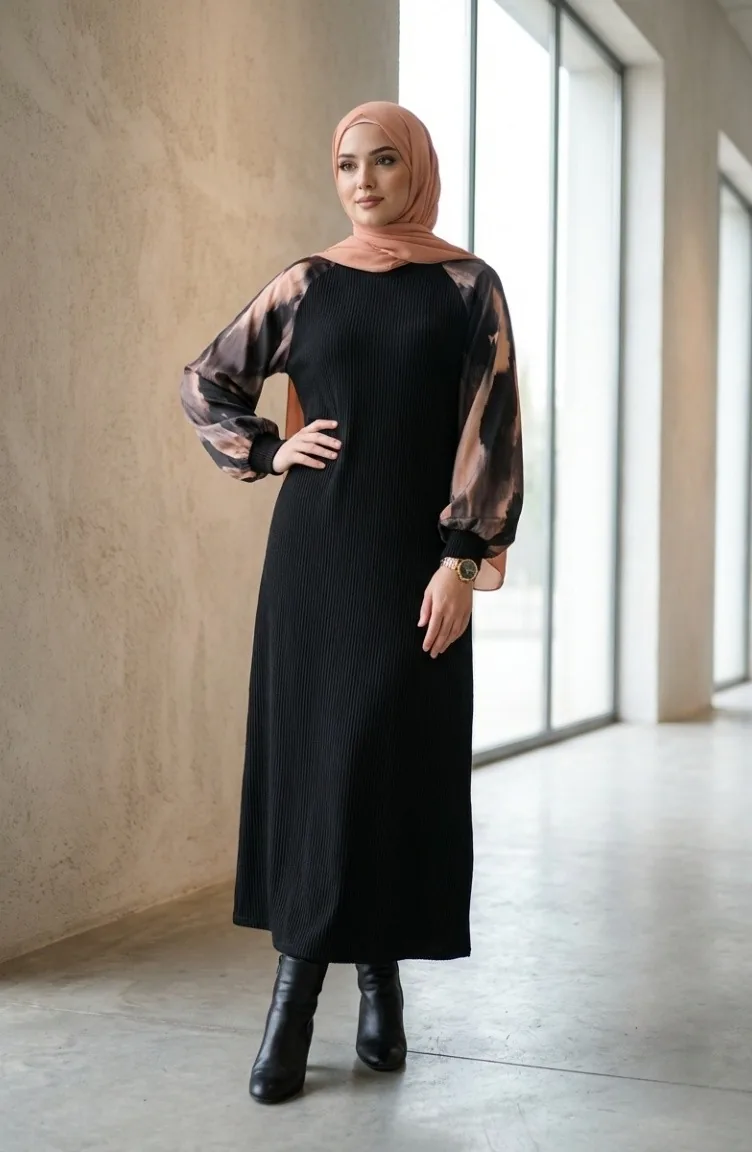 Verziertes Gemustertes Hijab-Kleid 2217-04 Schwarz Anthrazit 2217-04