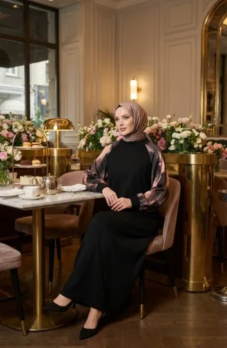 Verziertes Gemustertes Hijab-Kleid 2217-04 Schwarz Anthrazit 2217-04