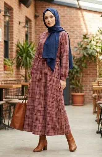 Robe Hijab Ceinturée à Carreaux 2219-01 Bordeaux 2219-01
