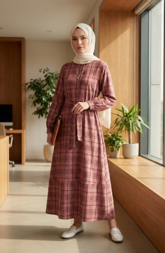 Geruite Hijabjurk Met Ceintuur 2219-01 Bordeauxrood 2219-01