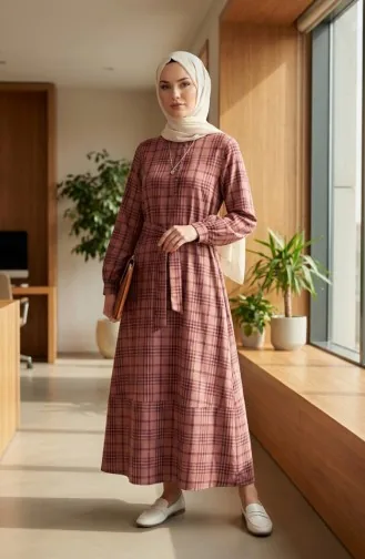 Robe Hijab Ceinturée à Carreaux 2219-01 Bordeaux 2219-01