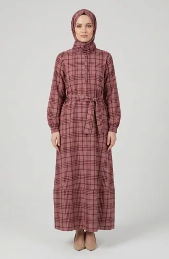 Robe Hijab Ceinturée à Carreaux 2219-01 Bordeaux 2219-01