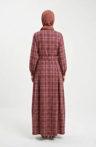 Robe Hijab Ceinturée à Carreaux 2219-01 Bordeaux 2219-01