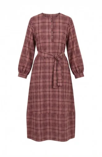 Robe Hijab Ceinturée à Carreaux 2219-01 Bordeaux 2219-01
