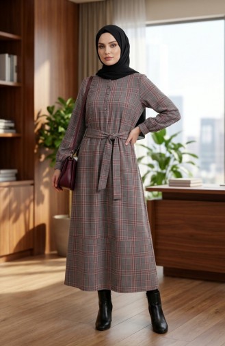 Geruite Jurk Met Riem En Hijab 2219-02 Grijs Rood 2219-02
