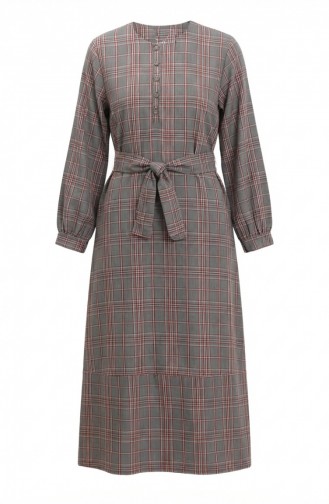 Geruite Jurk Met Riem En Hijab 2219-02 Grijs Rood 2219-02