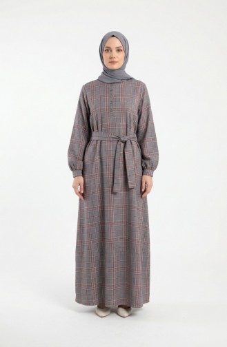 Kariertes Gemustertes Hijab-Kleid Mit Gürtel 2219-03 Marineblau Rot 2219-03