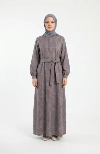Robe Hijab à Carreaux Avec Ceinture 2219-03 Bleu Marine Et Rouge 2219-03