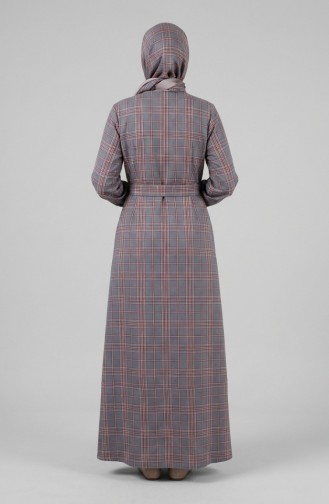 Kariertes Gemustertes Hijab-Kleid Mit Gürtel 2219-03 Marineblau Rot 2219-03