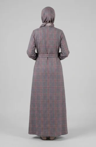 Robe Hijab à Carreaux Avec Ceinture 2219-03 Bleu Marine Et Rouge 2219-03