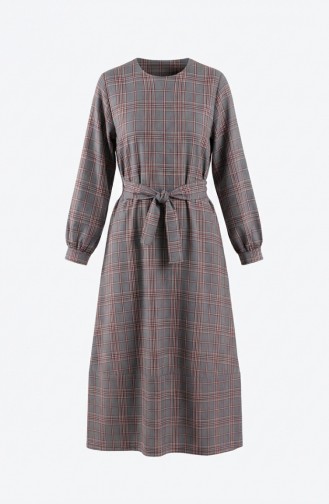 Kariertes Gemustertes Hijab-Kleid Mit Gürtel 2219-03 Marineblau Rot 2219-03