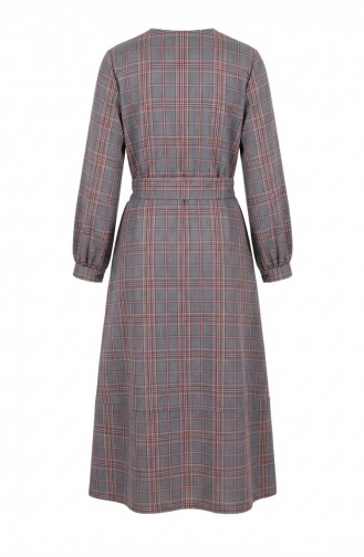 Kariertes Gemustertes Hijab-Kleid Mit Gürtel 2219-03 Marineblau Rot 2219-03