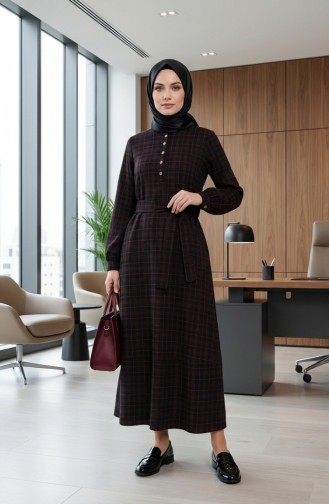 Robe Hijab à Carreaux Avec Ceinture 2219-04 Noir Rose 2219-04