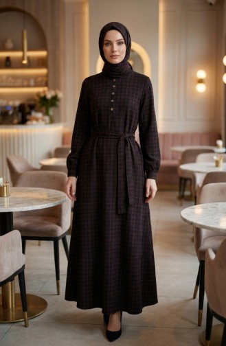 Robe Hijab à Carreaux Avec Ceinture 2219-04 Noir Rose 2219-04