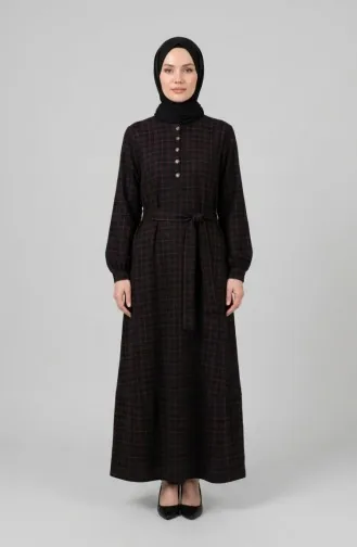 Robe Hijab à Carreaux Avec Ceinture 2219-04 Noir Rose 2219-04