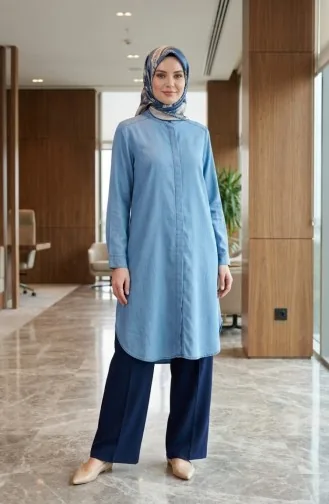 Tunique En Denim Tencel à Col Mandarin 2112-01 Bleu Clair 2112-01