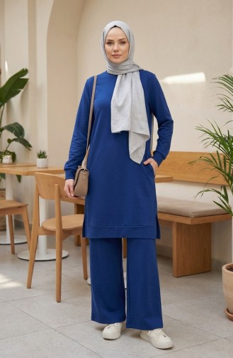 طقم رياضي بفتحة جانبية 3083-06 أزرق داكن 3083-06