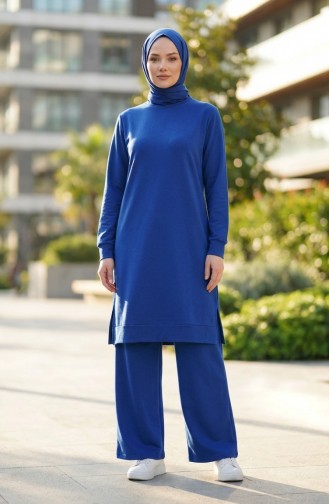 طقم رياضي بفتحة جانبية 3083-06 أزرق داكن 3083-06