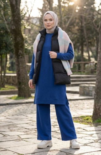 طقم رياضي بفتحة جانبية 3083-06 أزرق داكن 3083-06