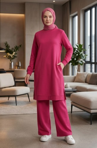 Tracksuit Set With Slit Detail 3083-07 Fuchsia 3083-07